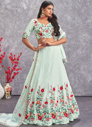 Sea Green Floral Embroidery Work Georgette Lehenga Choli